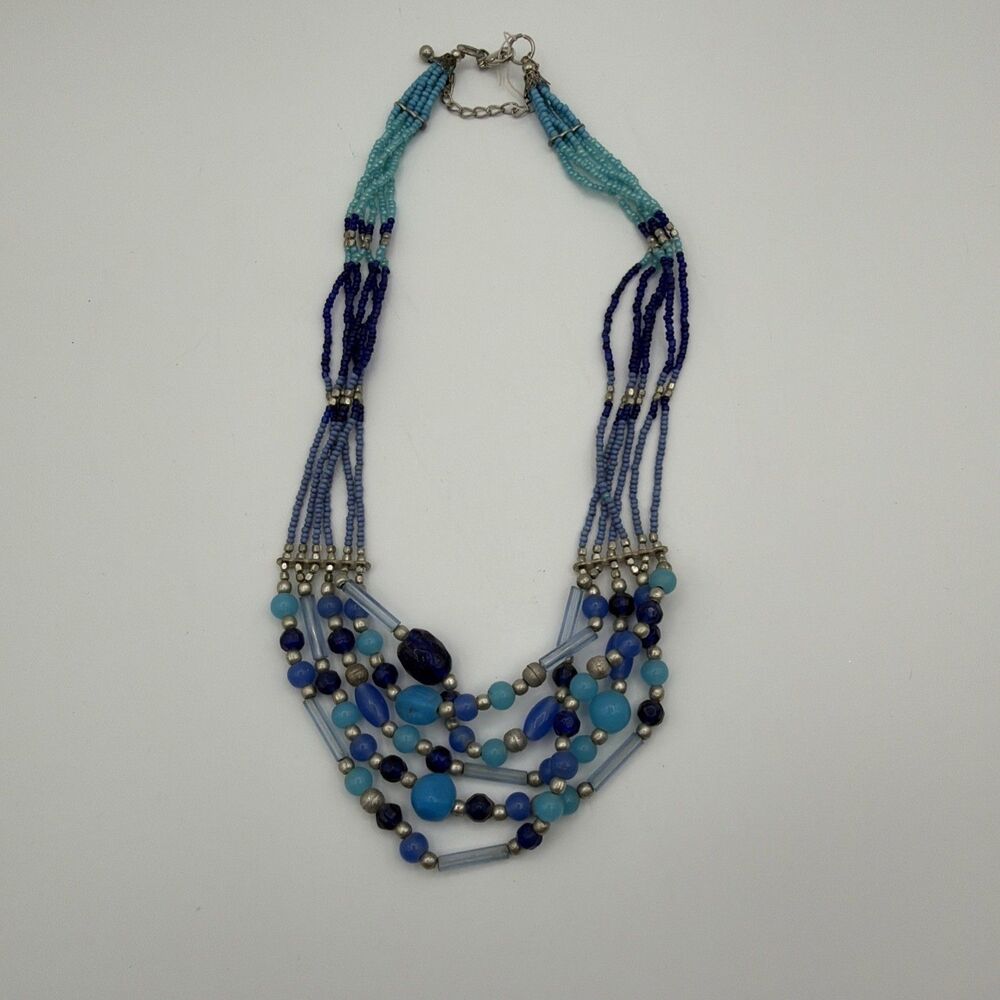 Multi Strand Blue Beaded Necklace Boho Statement Layered Glass Seed Beads - Picture 2 of 7